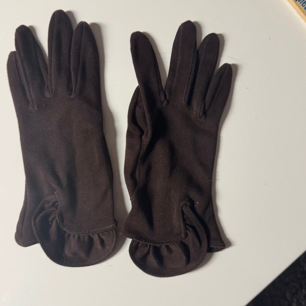 Vintage Brown Dress Gloves Fabric Ruffle Detail Womens Size Small